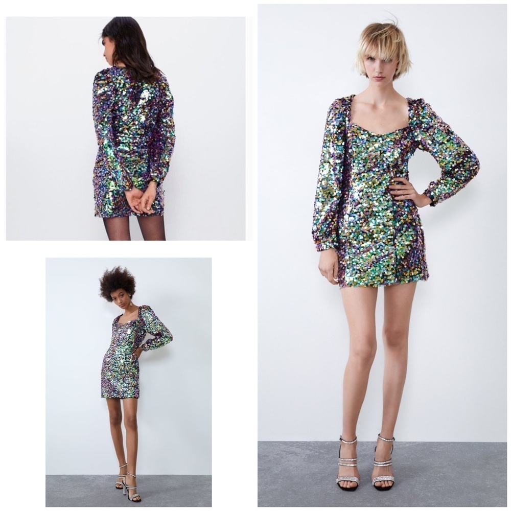 NWT Zara Multicolored Sequin Beaded Long Sleeves Party NYE Holidays Mini Dress‌‌